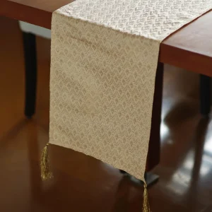 Golden Zari Brocade Table Runner with Tassels | Cream |12 x 48 inch